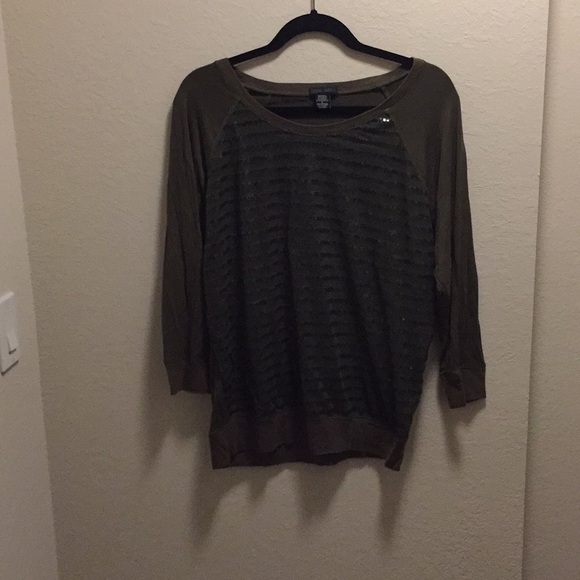 Army green sequin 3/4 length sleeve top. - Picture 1 of 5
